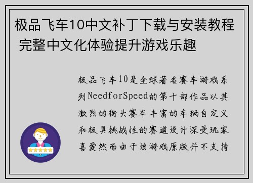 极品飞车10中文补丁下载与安装教程 完整中文化体验提升游戏乐趣